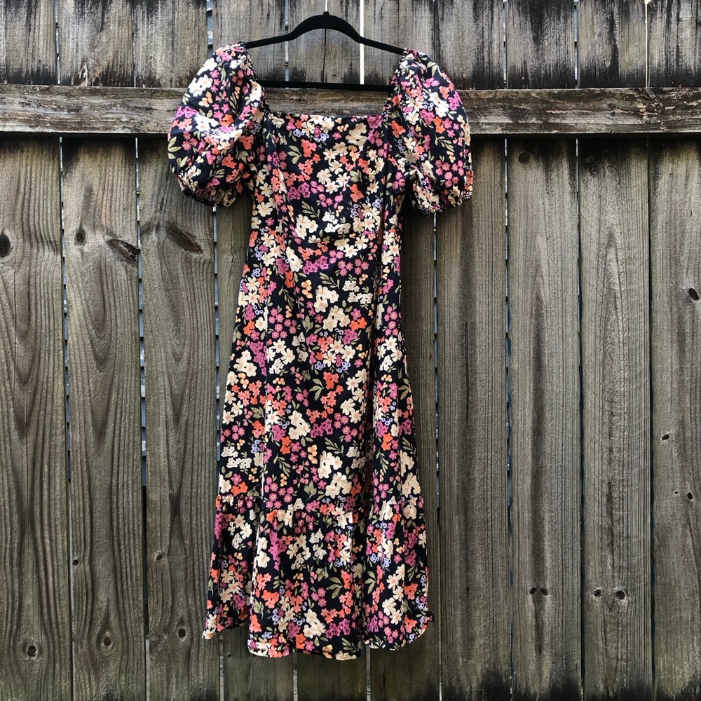 Princess Highway Linen Cotton Floral Puff Sleeve Midi Dress Square Neck